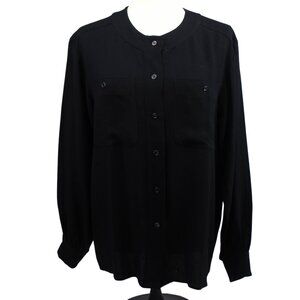 VTG Saint Laurent Rive Gauche Black Crepe Round Neck Button Front Blouse 40